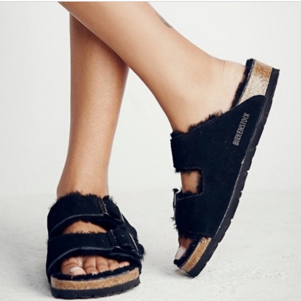 BIRKENSTOCK Arizona Shearling Suede Leather Sandals